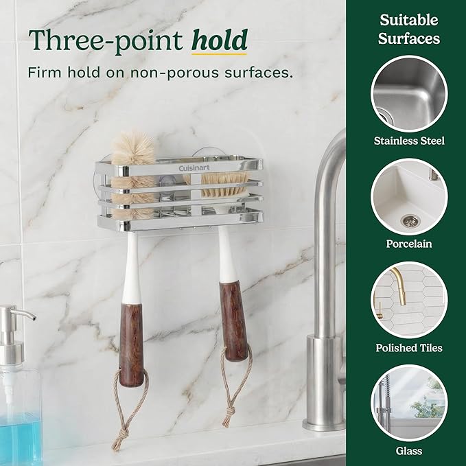 Cuisinart Sponge Holder for Kitchen Sink—Metal Sink Caddy with Triple Suction Cups, Kitchen Sink Organizer, Organization and Storage for Sponges, Brushes, Soap & Cleaning Accessories