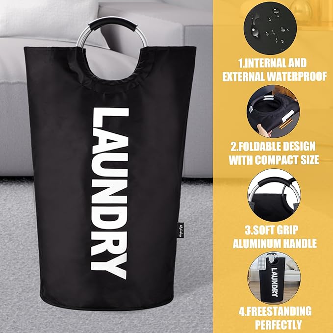 100L Laundry Basket, Collapsible Laundry Hamper with Padded Handles, Waterproof Laundry Bag, Tall Clothes Hamper Stand Up Well, Foldable Laundry Baskets for Easy Storage(Printed Black)