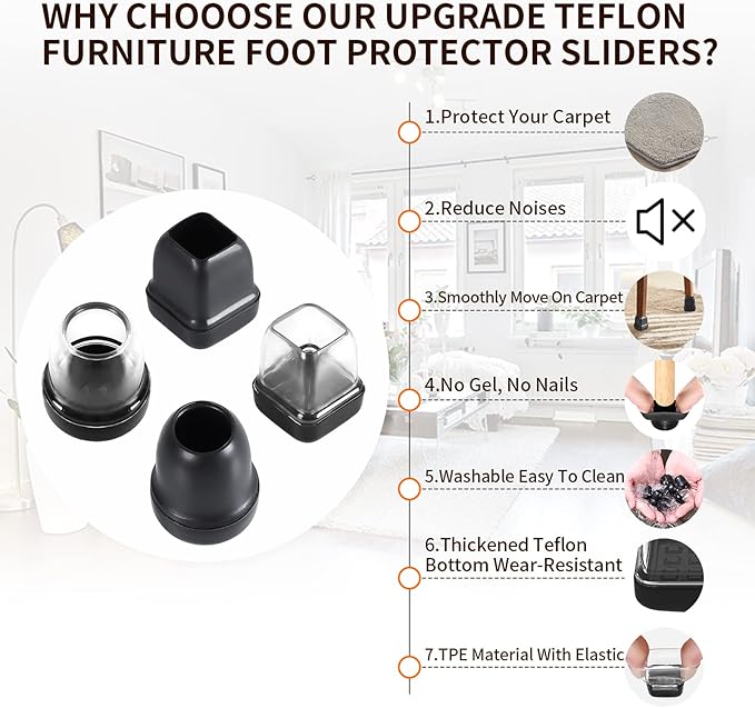 Ezprotekt Chair Sliders for Carpet, 24 Pcs Round Chair Glides for Carpet, Carpet Furniture Sliders Pads, Stool Leg Protectors Caps, Carpet Furniture Glides Quickly Clear (S Fit: 0.55" - 0.75")