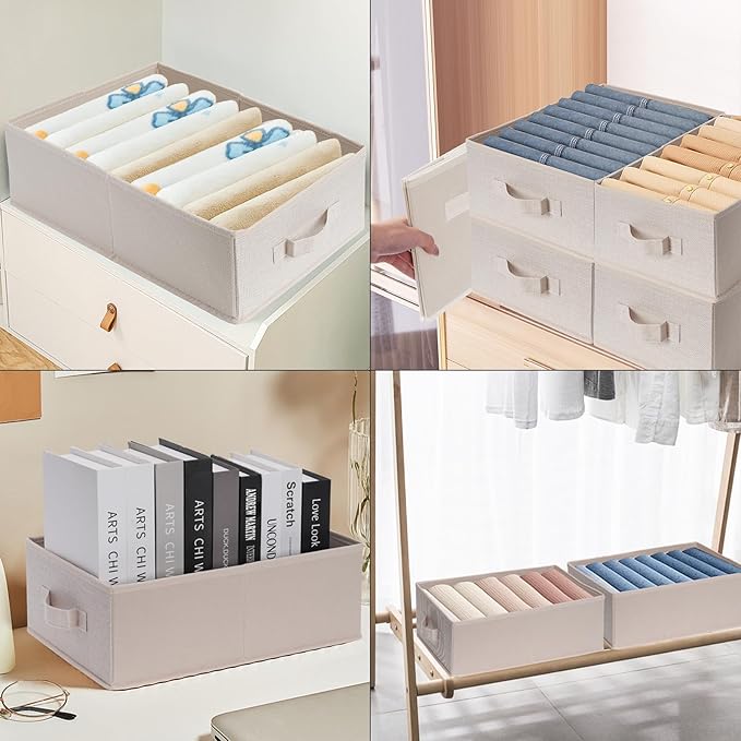 BOMKEE Clothings Collapsible Storage Bins, Foldable Organizers and Storage Baskets Cube Storage Bin for Bedroom Living Room (4 Pack) (Flaxen, 15.4x11.4x5.5inch)