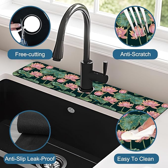 Lotus Pond Pattern Kitchen Sink Splash Guard Faucet Mat Lotus Flowers Leaves Super Absorbent Fast Drying Mat Sink Splash Guard Behind Faucet for Kitchen Bathroom, 23.5"x5.5"