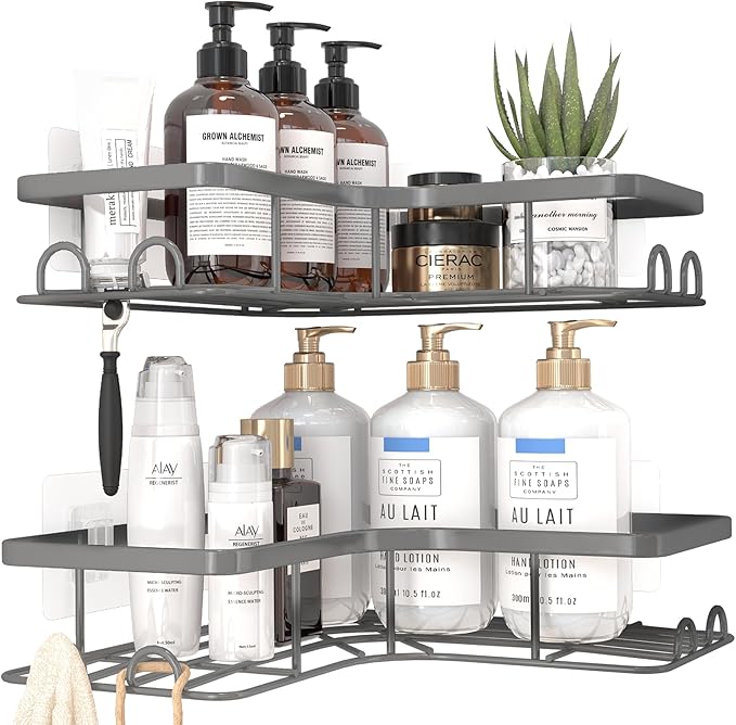 Corner Shower Caddy - 2 Pack, Adhesive Shower Organizers, Rustproof Stainless Steel Shower Shelves with 8 Hooks, No Drilling Bathroom Organizers and Storage Racks, Space-Saving, Grey, Large