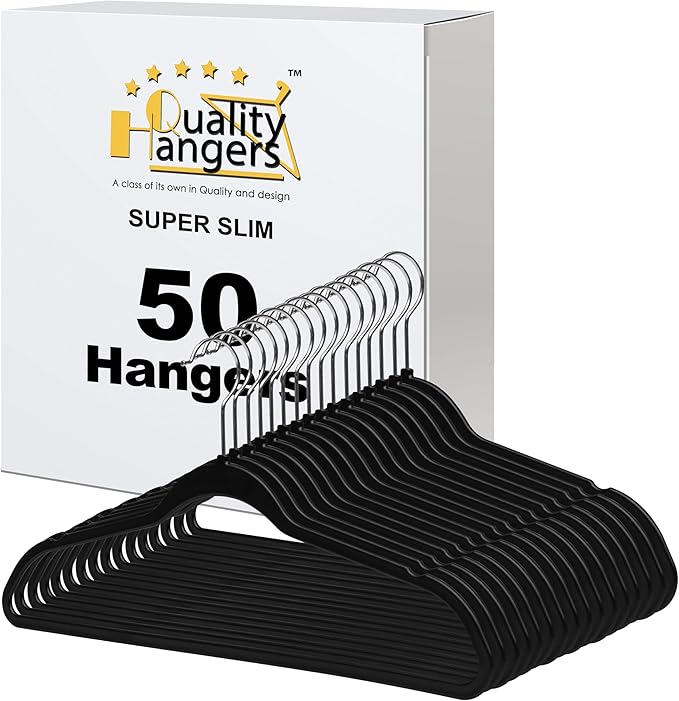 Quality Hangers 50 Pack Slim Plastic Hangers for Clothes - 16.5" Won't Crease Your Clothes, Heavy Duty Non-Velvet Black Hangers 360° Swivel Chrome Hook Non Slip Notches Dresses Coats Shirts Jackets