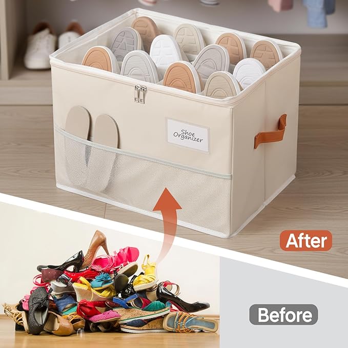 Shoe Organizer for Closet, Foldable Shoe Box Storage Containers with Clear Cover, Smooth Zipper, Reinforced Handles and Bottom Support, Space Saving Shoes Holder, Beige (2, Small)