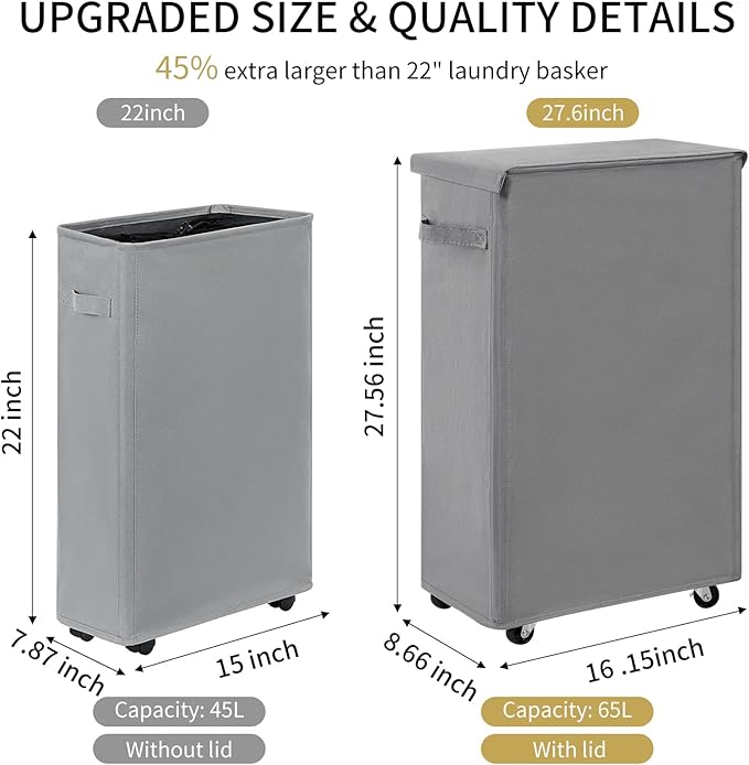 Chrislley 65L Slim Laundry Hamper with Lid Narrow Rolling Laundry Basket with Wheels Upgrade Foldable Dirty Clothes Hamper Portable Skinny Hamper Storage Bins (27.56 inches, Grey)