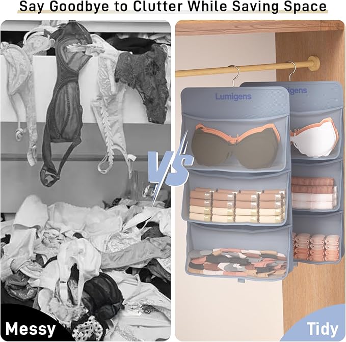 Hanging Closet Organizer with Pockets, Sock & Underwear Organizer, Bra Organizer for Closet Storage with 360° Rotating Hook, Space Saving Hanging Storage for Closet, Bedroom, RV