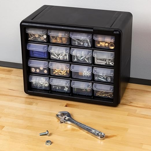 Akro-Mils 16-Drawer Plastic Storage Cabinet | 10-1/2 x 6-1/2 x 8-1/2 Inch | Black | Model 10116 | Garage Organization