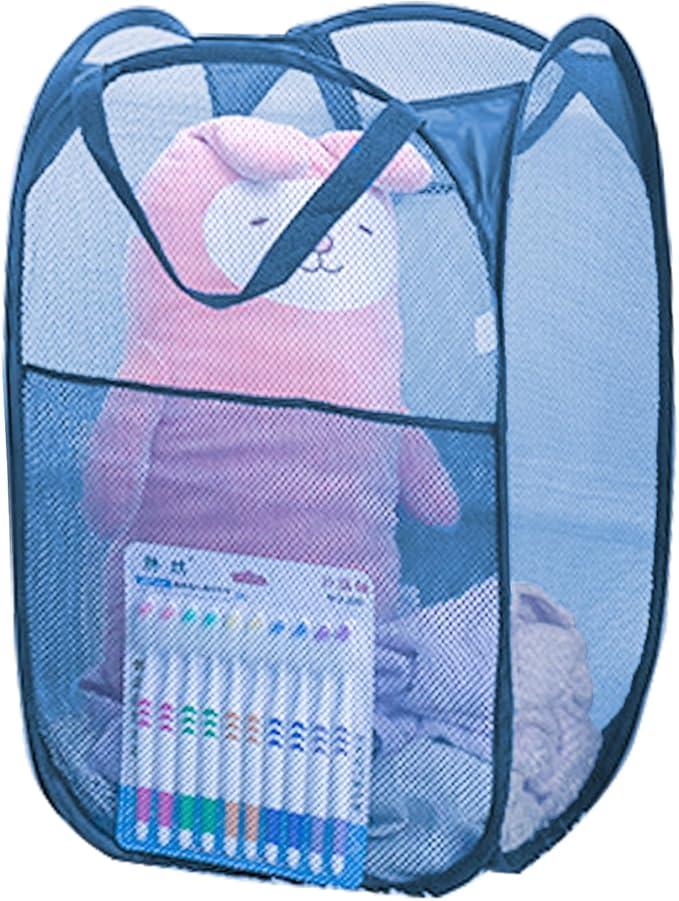 Mesh Pop Up Laundry Hamper for Cruise, Collapsible Laundry Basket Foldable Dirty Clothes Hamper with Handles, Side pocket, Ash Blue