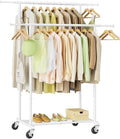 Gewudraw Double Rod Garment Rack, Heavy Duty Rolling Clothes Rack with Wheels For Hanging Clothes, Portable Metal Clothing Rack with Shelves,White, 64.2in Chrome