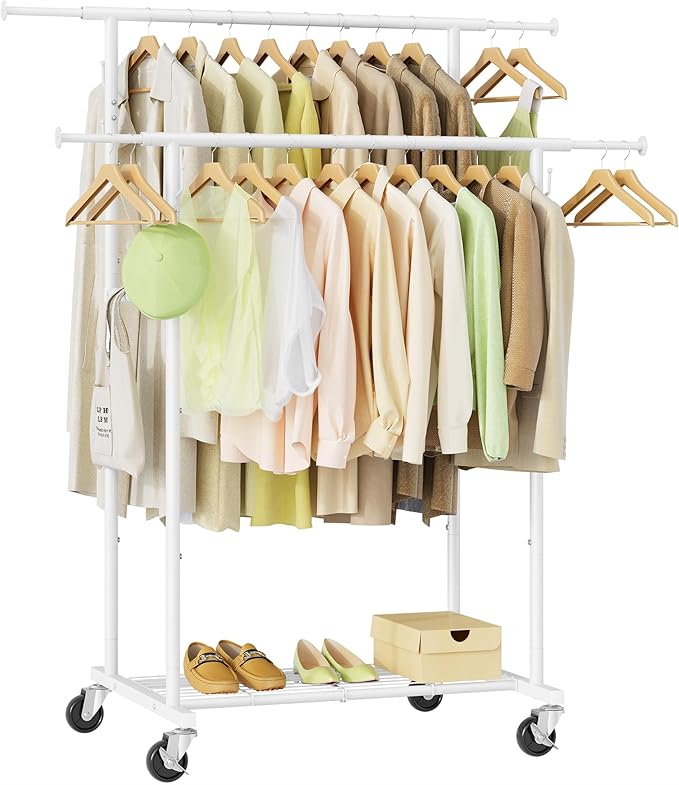 Gewudraw Double Rod Garment Rack, Heavy Duty Rolling Clothes Rack with Wheels For Hanging Clothes, Portable Metal Clothing Rack with Shelves,White, 64.2in Chrome