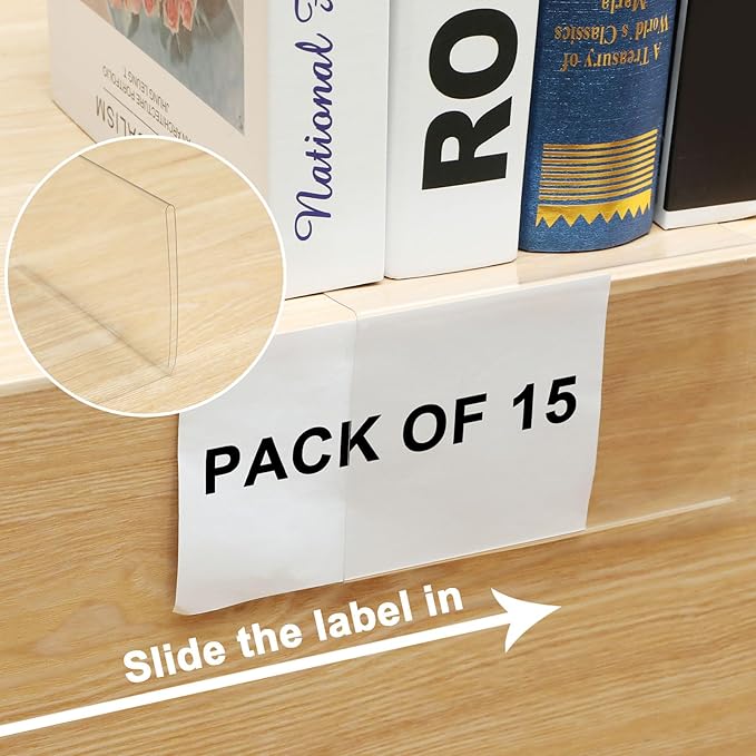 Containlol 15 Pieces Moveable Shelf Label Holders Clear Shelves Tags Moveable Library Markers Transparent Shelf Label Display Holder for Classroom Office Library Book Shelves(3.6 x 2.4 Inch)