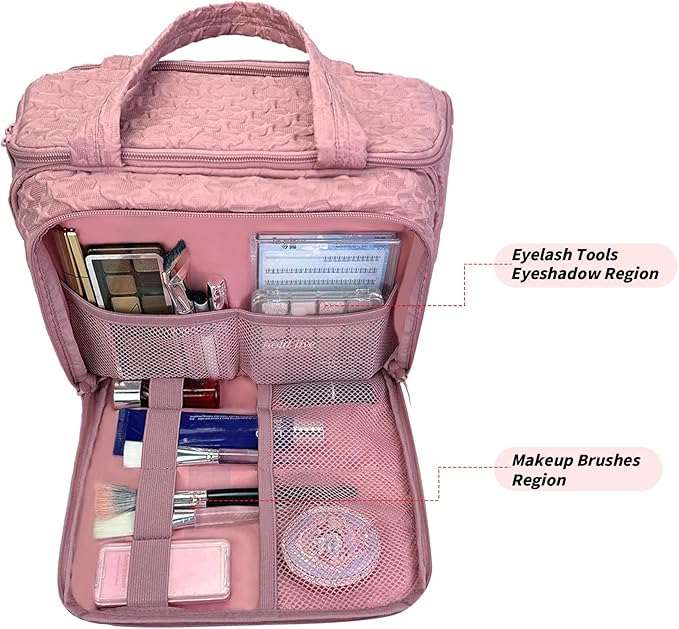 SUNRISING Travel Toiletry Bag, Lightweight Large Wide-open Travel Bag for Women, Puffy Cosmetic Makeup Bag Organizer with Handle for Accessories Essentials Toiletries - Pink