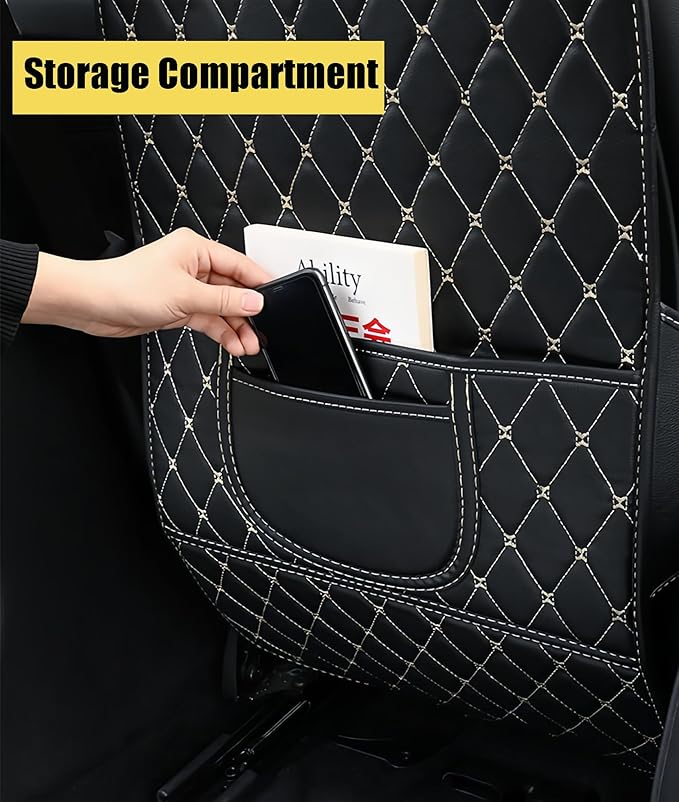 Leatherette Car Seat Protector - 2 Pack Large Car Kick Mats with Storage Pockets Organizer Seat Back Cover Against Dirty Shoes & Scratches, Universal Fit for Most Vehicles, Black with Beige Line