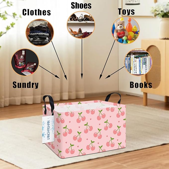 LANGYASHAN Rectangular Storage Bin Collapse Canvas Fabric Cartoon Storage Basket with Handles for Organizing Home Kitchen Boys and Girls Toys Office Closet Shelf Baskets (Rec Pink Cherry)
