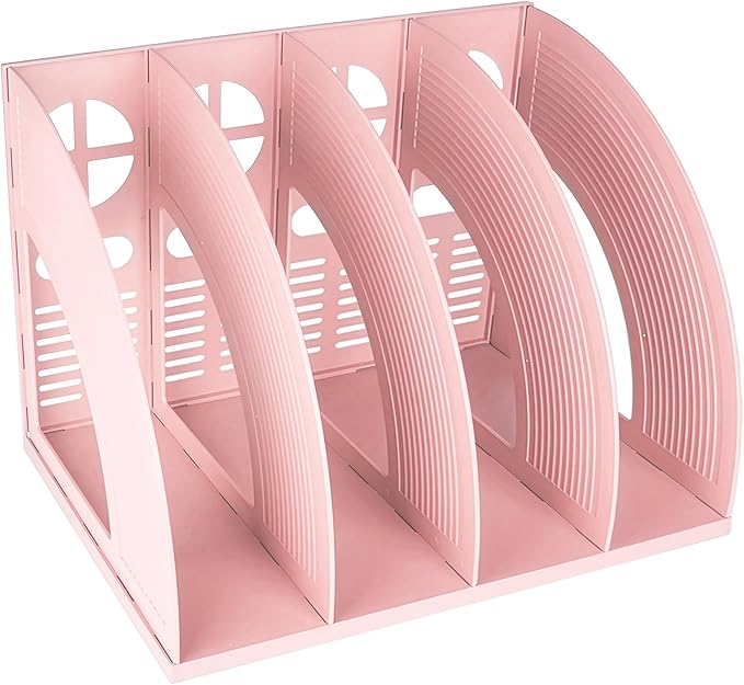 SAYEEC Sturdy Magazine Holder 4 Compartments Plastic Desktop File Organizer File Dividers Office Organizer Storage Document Magaizne Rack Display Box (Pink)