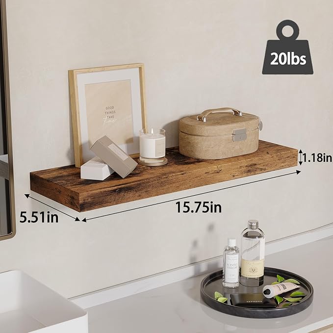 Fixwal 15.8in Wall Shelves, Rustic Wood Finish Floating Shelves Set of 4, Shelves for Wall Decor, with Invisible Brackets for Bathroom, Living Room,Bedroom and Kitchen(Rustic Brown) | Wall Shelves, for Bathroom, Living Room, Bedroom, Kitchen