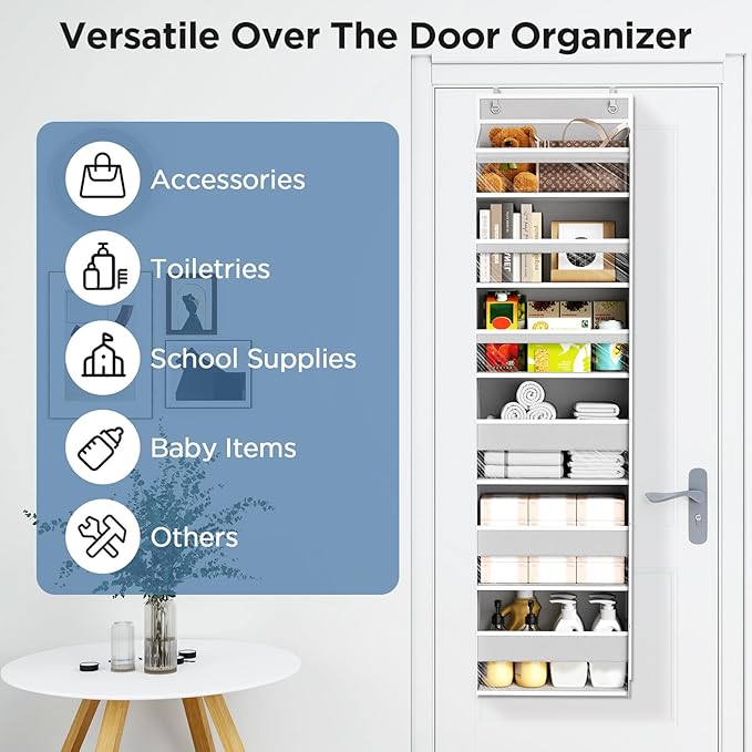 Over The Door Organizer, 6 Shelf Door Hanging Organizers with 6 Large Capacity Pockets, Behind Door Storage Hanging Shelves for Closet Wall Bathroom Bedroom Nursery