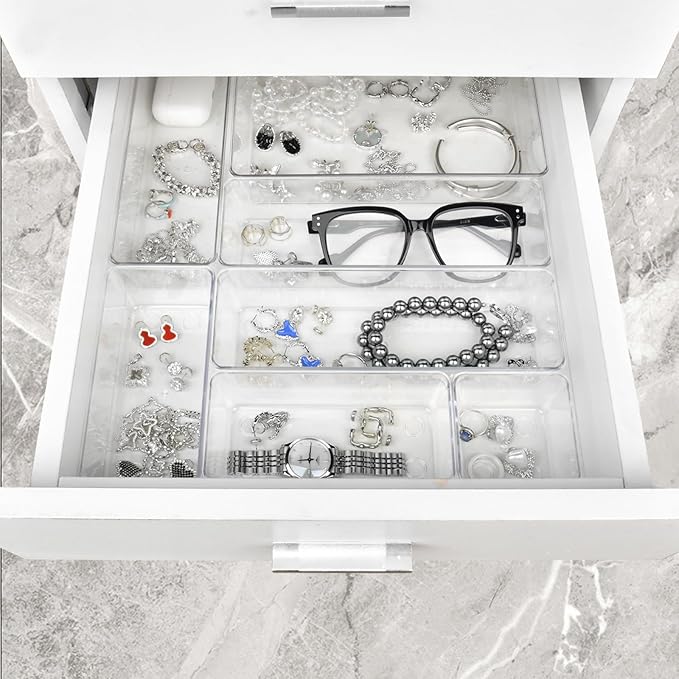 Drawer Organizers Set of 15, 4 Sizes Clear Plastic Drawer Organizers and Storage Bins for Kitchen, Bathroom, Office, Dresser Desk Drawer Organizer Tray for Jewelry, Makeup, Junk, Gadgets