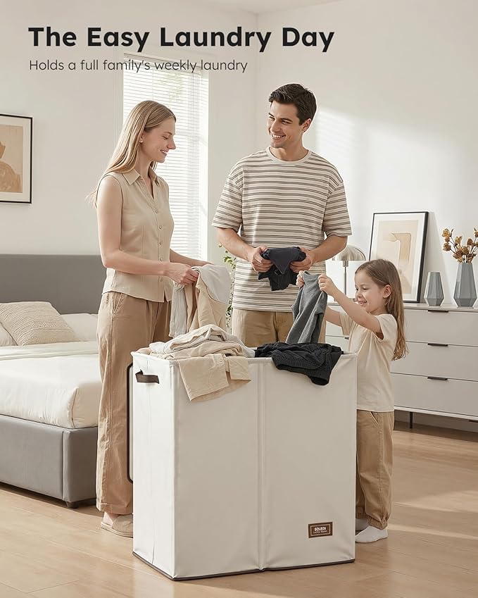 SOLEDI Large Double Laundry Hamper with Lid,165L Collapsible Clothes Hamper 2 section with Removable Bags, Space-Saving Laundry Basket for Bedroom, Dorm, College