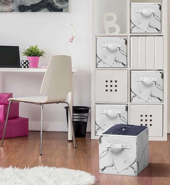 Sorbus Collapsible Storage Bins - 11" Sturdy Foldable Fabric Storage Cubes with Handle - 4 White Marble Organization and Storage Baskets for Organizing Pantry, Closet, Nursery, Dorm, Toy Storage