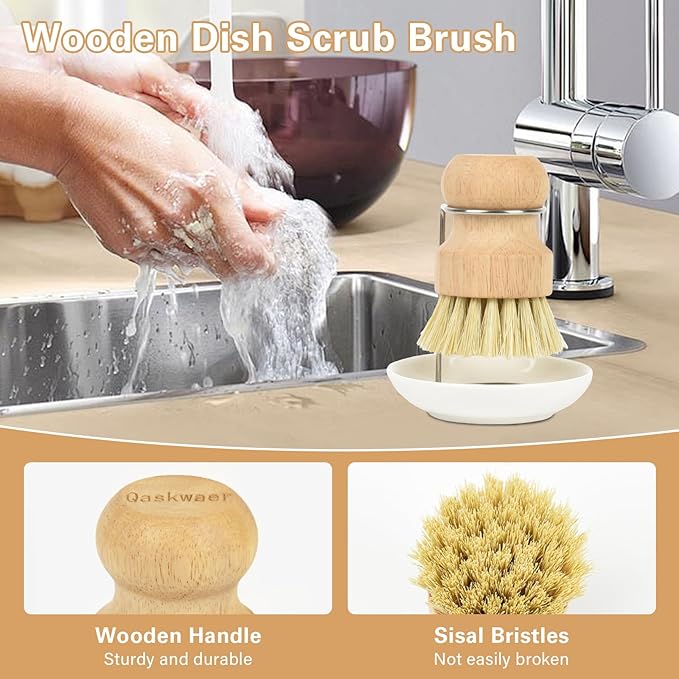 Wooden Dish Brushes, Dish Dishwashing Brush for Cleaning Dishes, Kitchen Wooden Cleaning Dsihes Set with Draining Rack, Natural Sisal Bristles, 1 Set