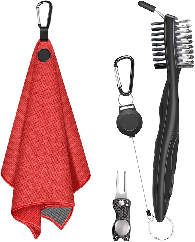 Magnetic Golf Towel, 3 PCS Microfiber Golf Towels with Brush and Divot Tool for Men, Industrial Strength Magnet Accessories for Strong Hold to Golf Bags, Carts or Clubs (3 Pack Red)