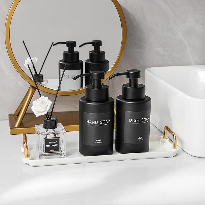 Foaming Soap Dispenser Set, 12 Oz Glass Hand Soap Dispenser with 304 Rust Proof Stainless Steel Pump, Waterproof Labels, for Bathroom Decor Kitchen College Dorm, Black