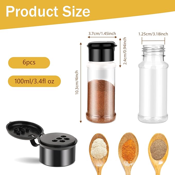 TIESOME 6 Pcs Spice Jars with Shaker Lids, 3 oz Plastic Seasoning Containers, Round Empty Spice Bottles Storage Clear Seasoning Bottles Storage Spice, Peppers, Salt for Spice Rack, Drawer, Cabinet