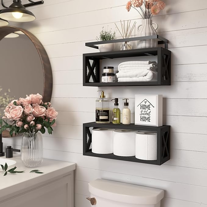 RICHER HOUSE Floating Shelves with Guardrail, Rustic Wood for Wall Décor, Farmhouse Bathroom Accessories Mounted, Organizer over Toilet Storage, Kitchen, Living Room - Black