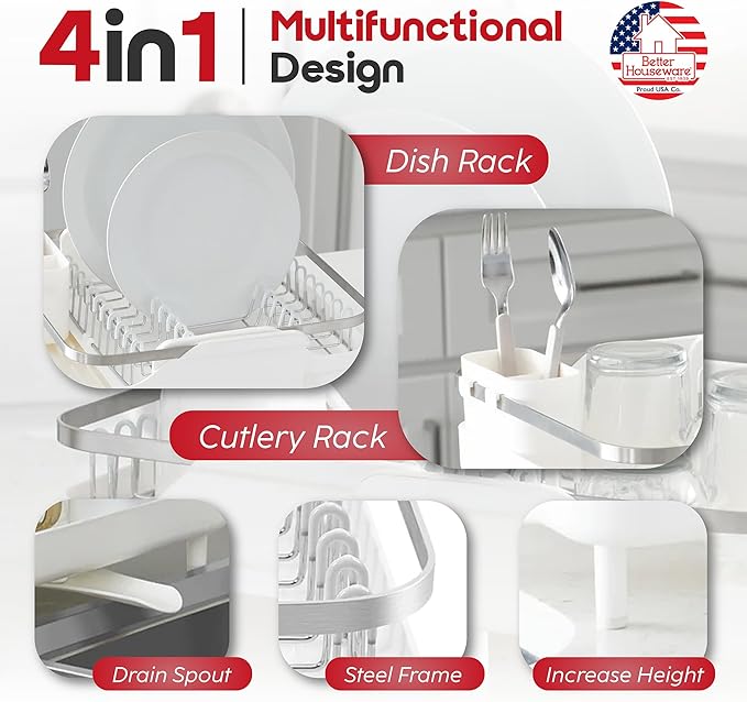 Better Houseware Expandable Dish Drying Rack - Space-Saving Stainless Steel Dish Racks for Kitchen Counter with drainboard and Detachable Cutlery Holder, Large, White