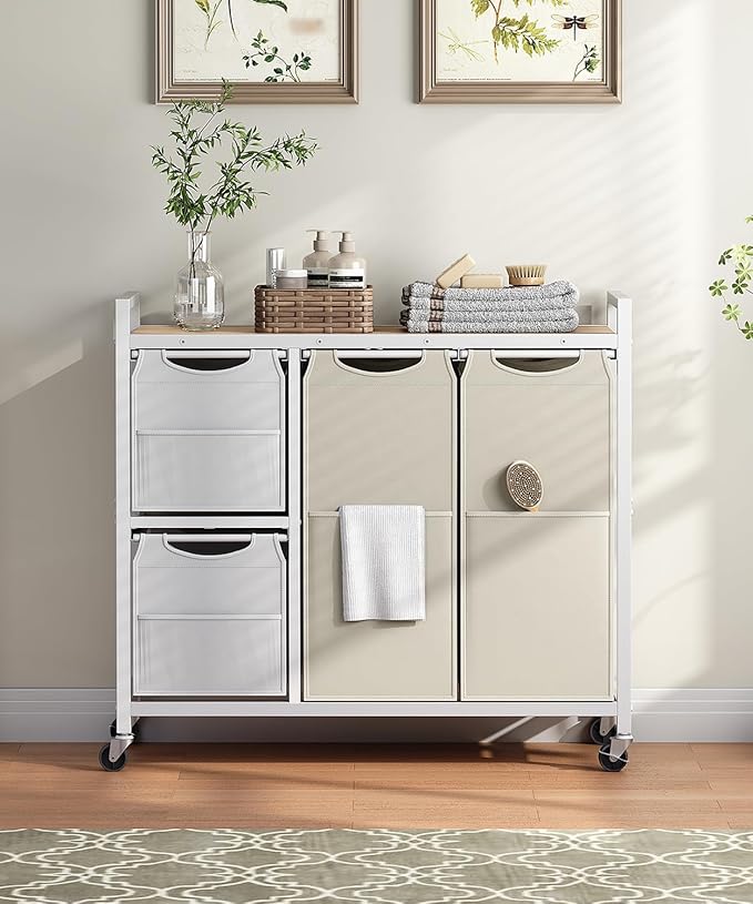 HOOBRO Laundry Sorter with 4 Section, 39 Gal. (147 L) Laundry Hamper with Wheels, Rolling Laundry Basket with Shelves, Pull-Out Detachable Bags, Side Pockets, White, Natural and Beige WNE14XY01N1