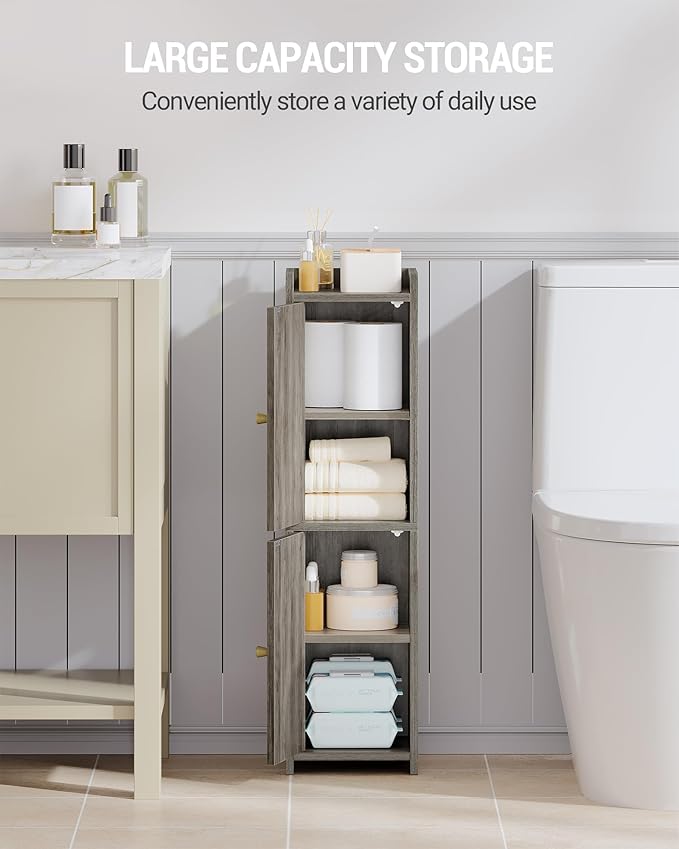 Bathroom Storage Cabinet, Small Corner Floor Cabinet with 2 Doors and Adjustable Shelf, Narrow Toilet Paper Cabinets, Bathroom Organizer for Small Spaces, 7.9" D x 7.9" W x 29.5" H Greige