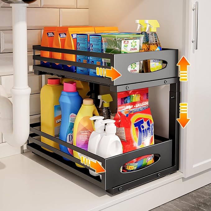 Under Sink Organizer, 2 Tier Under Sink Organizers and Storage, Adjustable Height, Slide out Metal Cabinet Organizers, Pull out Cabinet Storage Drawer Shelf for Kitchen Bathroom Black 1Pack