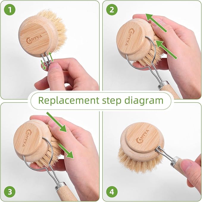 Bamboo Scrub Brush with Handle - Soft Bristles, Non Toxic Dish Brush, Compostable & Biodegradable, Bamboo Dish Scrubber for Cookware, Bowls and Plates, Non-Stick Pans