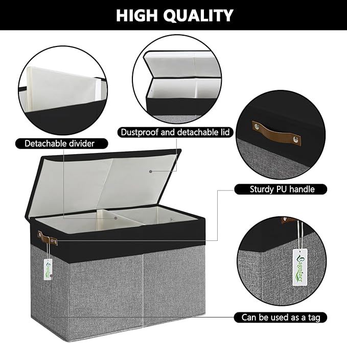 Large Toy Storage Box with Lids, Collapsible Sturdy Baby Storage Organizer Chest Bin Basket for Kids, Boys, Girls, Playroom, Nursery, Bedroom, Closet 25"x13"x16" (Gray and Black)
