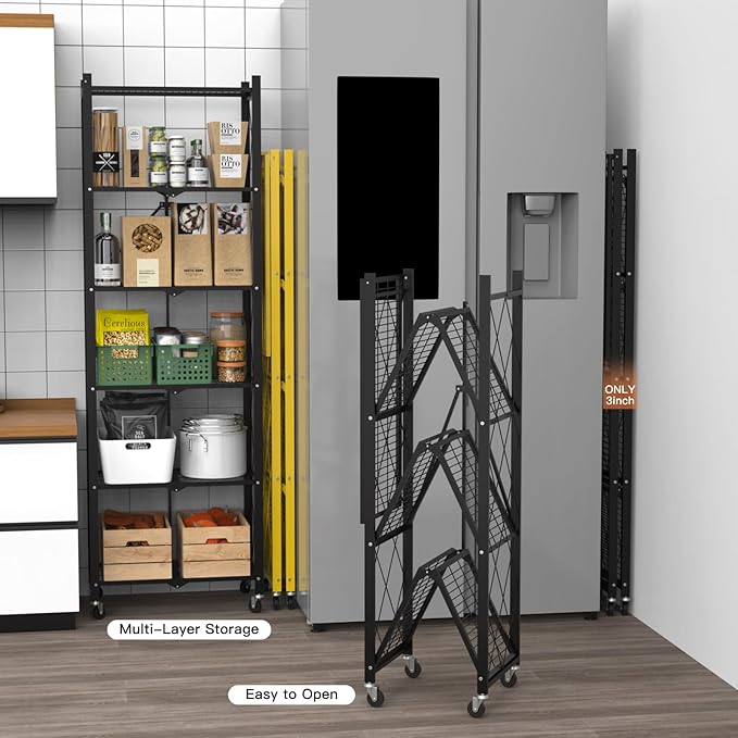 4 Tier Foldable Metal Storage Shelf with Wheels, 400 LBS Heavy Duty Collapsible Wire Shelving Unit, Rolling Utility Rack Cube Bookshelf for Kitchen Pantry Office Garage,50" x 13" x 27" Black