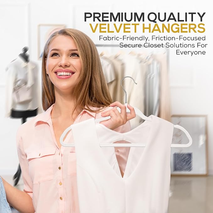 Techzoo Premium Velvet Hangers 50 Pack Ultra Thin Non Slip Adult Felt Space Saving Slim Suit Hanger for Closet Heavy Duty Coat Pants Jackets Dress Hangers 360° Swivel Hook Hold Upto 10 lbs White