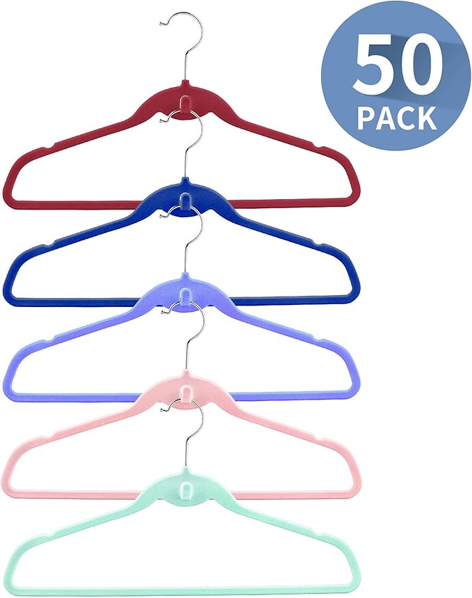 Multi-Color Premium Velvet Hangers with Mini Hooks, Pack of 50, Non Slip, Space Saving Cascading Clothes Hangers, 5 Colors, Pink, Lavender, Navy Blue, Red Burgundy and Mint Green