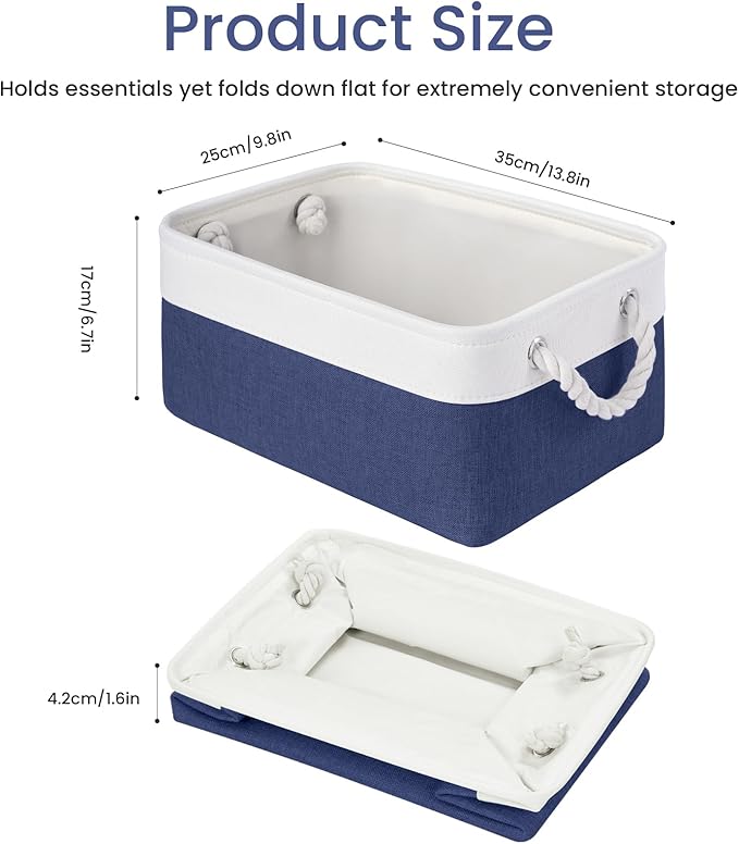 Storage Baskets for Shelves 13.8x9.8x6.7 Inch, Foldable Fabric Storage Bins with Handles, Small Storage Baskets for Organizing Closet, Office, Home Organization (1-Pack, White&Blue)