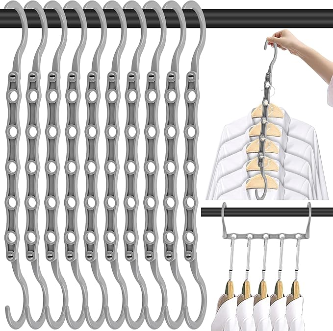 DUCOO 10 PCS Space Saving Hangers, 5-Hole Magic Hangers - Sturdy Plastic Hanger, Closet Organizers for Clothes Storage, College Dorm Essentials, Home Organization (Gray)