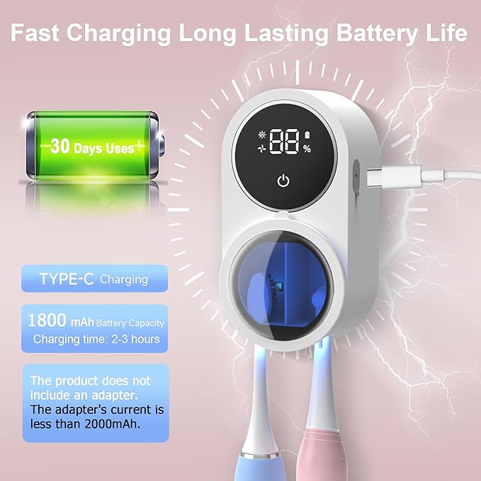 Biodzzs Toothbrush Holder and Cleaner for Bathroom Light Cleaning Fan Drying Round in Circle Automatic Rotating Cover Wall Mounted Smart Home Gadgets (01 White)