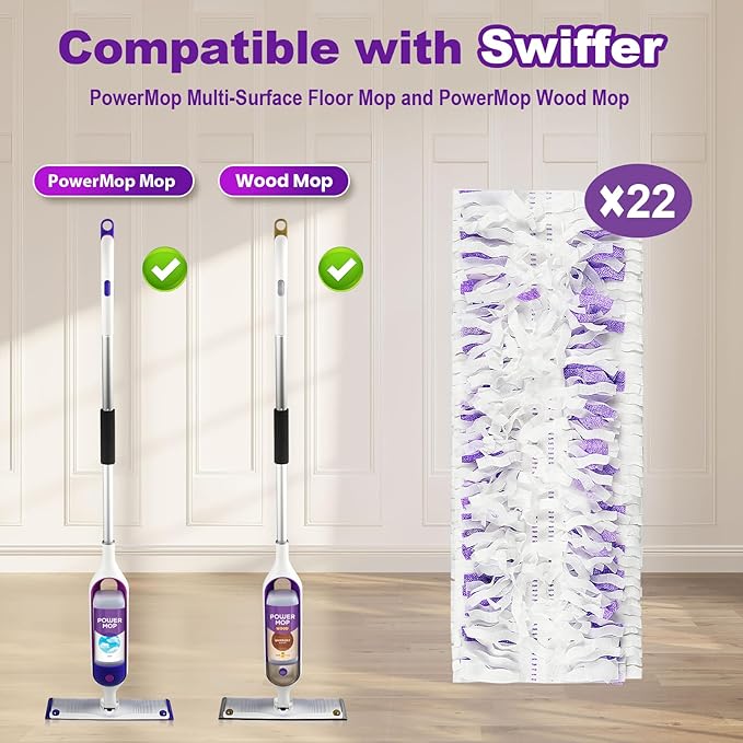 22 Count Disposable Mop Pad Refills, Compatible with Swiffer PowerMop Multi-Surface Mop, Absorbent Cleaning Pads for Hardwood, Tile & Laminate Floors