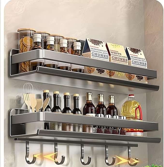 Adhesive Wall Mount Spice Rack Carbon Steel, No-Drill Dark Gray Spice Organizer, Multi-Purpose Kitchen Bathroom Storage Shelf for Countertop Cabinet