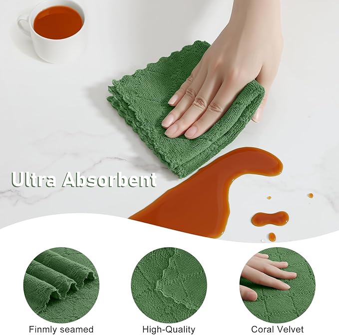 Homaxy Kitchen Towels and Dishcloths Set, 10 x 10 and 13 x 19 Inches, Set of 12 Super Soft and Absorbent Coral Velvet Kitchen Towels, No Lint and Nonstick Oil Fast Drying Dish Towel, Grass Green