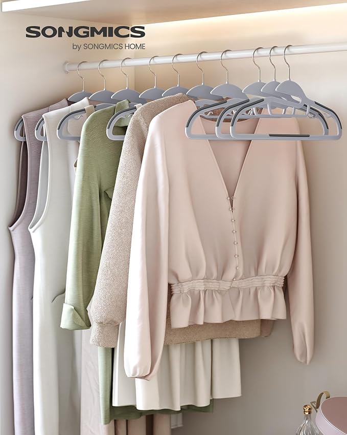 SONGMICS 100 Pack Coat Hangers, Heavy-Duty Plastic Suit Hangers, S-Shaped Opening, Space-Saving, 360º Swivel Hook, 16.3 Inches Wide, Light Gray and Dark Gray UCRP041G100