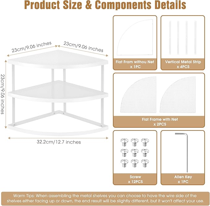 ROFAY 3-Tier Metal Corner Shelf Plate Organizer for Kitchen Counter & Cabinet, Corner Rack for Plates, Dishes, Pantry, and Bathroom Storage, Rust-Resistant Steel, Space-Saving Design (White)