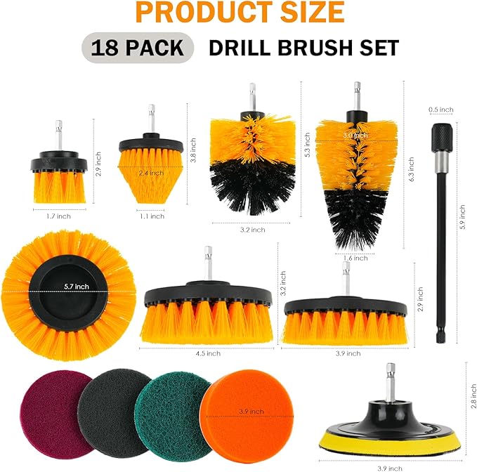 18PCS Drill Brush Attachments Set, Power Cleaning Scrub Brushes with Scrub Pads, Sponge, Extend Long Attachment, Cleaning Brush Supplies for Bathroom Bathtub, Grout, Tile, Sinks, Corners, Car Wheel