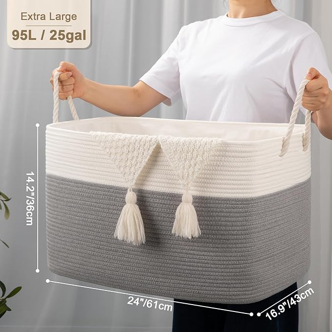 95L Extra Large Blanket Basket with Lid, 24" x 16.9" x 14.2" Woven Storage Basket for Living Room, Rectangle Nursery Blanket Storage for Toys, Towels, Dirty Clothes, Grey & White