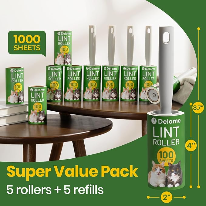 DELOMO Lint Roller 1,000 Sheets (5 Rollers + 5 Refills) - Lint Rollers for Pet Hair Extra Sticky, Mega Value Pet Hair Removal Tool for Clothes/Couch/Furniture/Car - Ideal Home Gift for Pet Owners