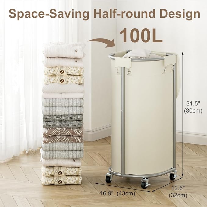 Chrislley Laundry Hamper with Wheels and Lid, 100L Rolling Laundry Basket, Half Round Laundry Cart with Removable Bag and Iron Frame, Dirty Clothes Hamper Organizer for Home, Dorm, Hotel, Beige